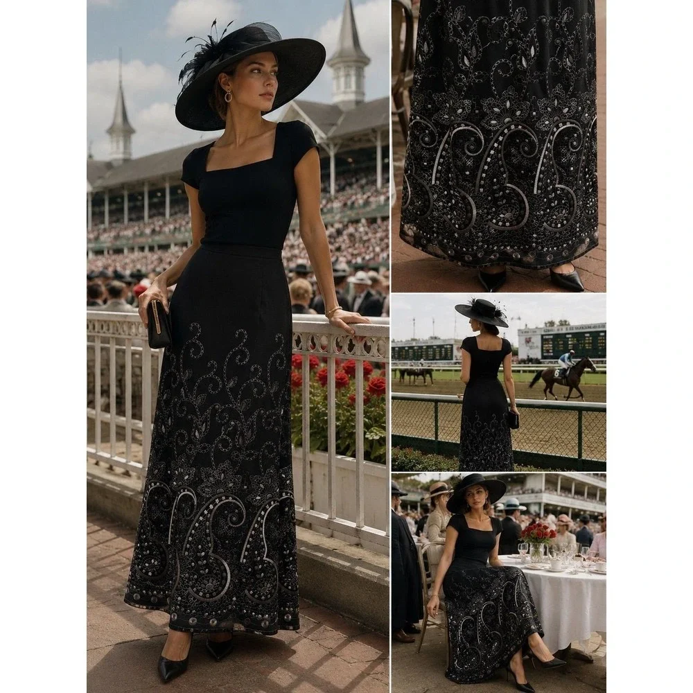 VTG Talbots Black Lined Wool Blend Embroidered Maxi Skirt sz‎ 10